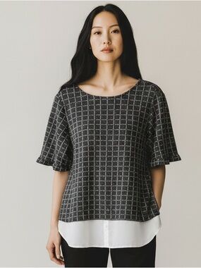 Elle Black Grid Short Sleeve Top with White Layered Hem